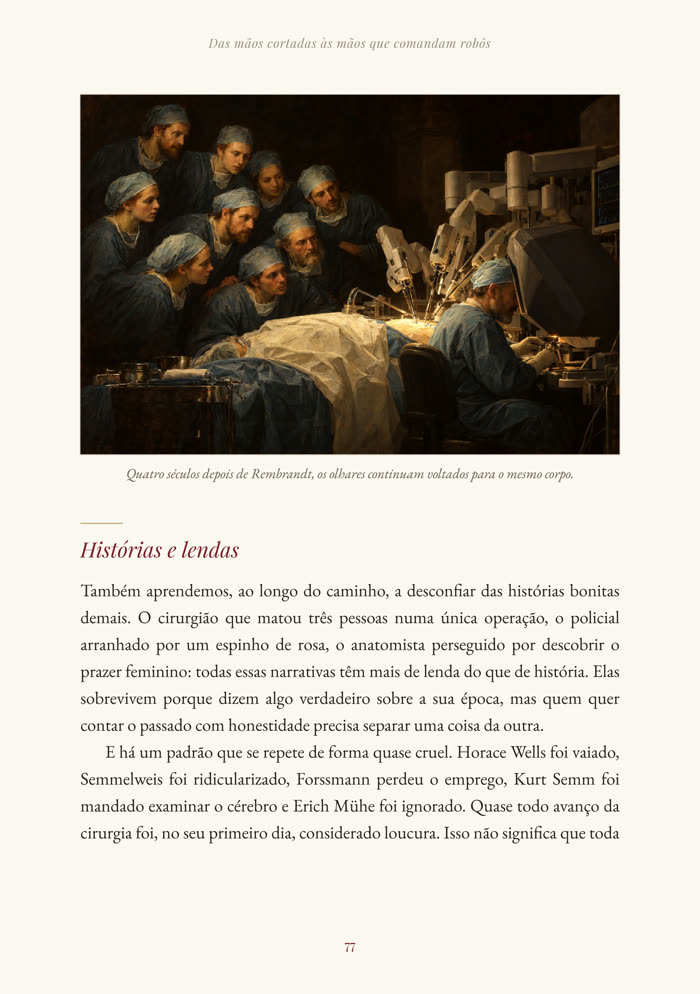 Página do livro com ilustração de uma equipe cirúrgica moderna